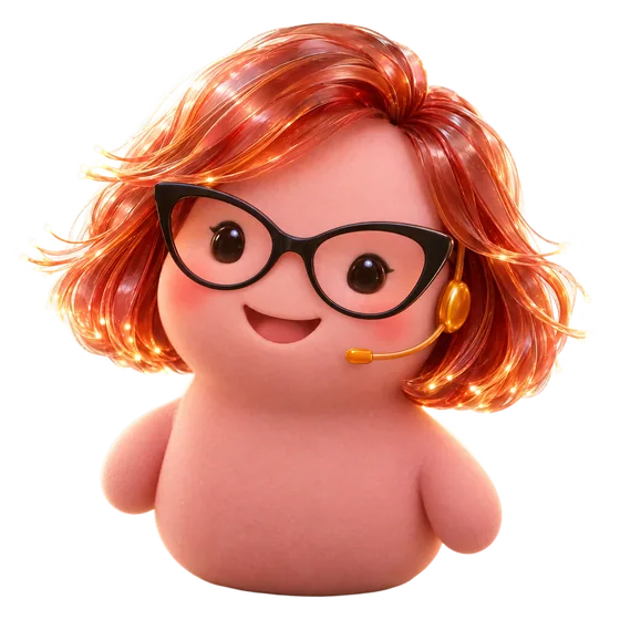 Amy: a blush-pink blob character with a copper-red bob, black cat-eye glasses and an amber headset.