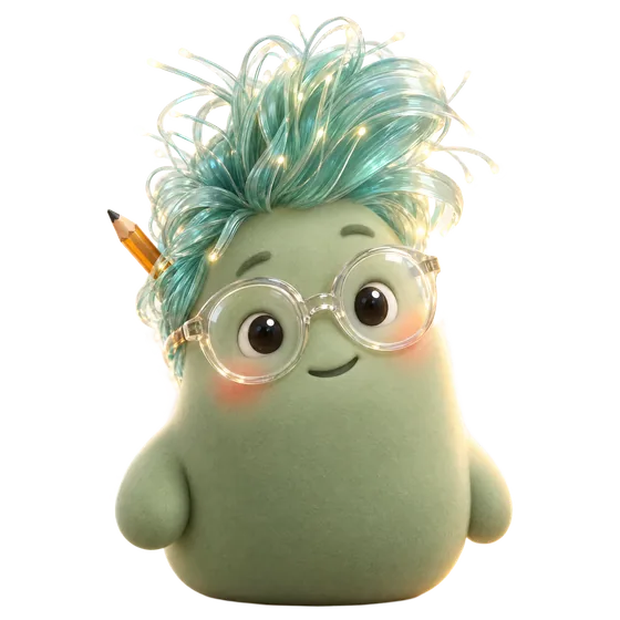 Andrew: a sage-green blob character with a tall tuft of mint filament hair, chunky clear round glasses and an amber pencil.