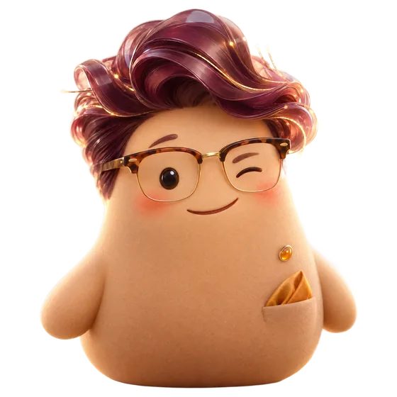 Charles: a peach blob character with a wavy plum quiff, tortoiseshell glasses and an amber pocket square, winking.