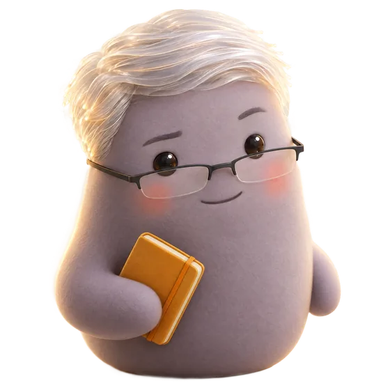 Daniel: a lavender-grey blob character with a silver layered crop, narrow black glasses and an amber notebook.