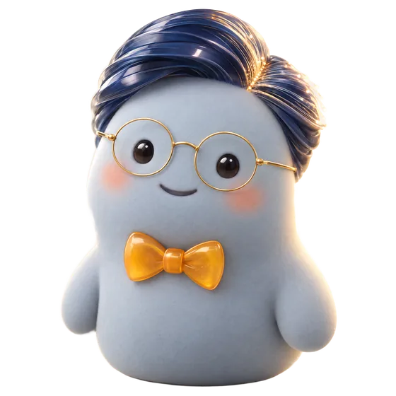Zach: a pale blue-grey blob character with swept-back navy hair, round gold glasses and an amber bow tie.